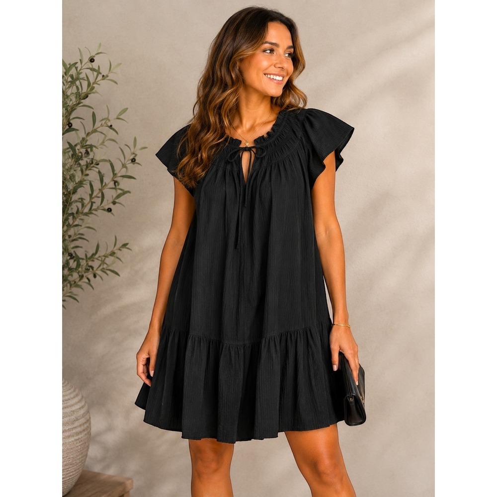 J.Crew Womens Black Cotton Gauze Tiered Ruffle Neck Mini Babydoll Dress L NWOT